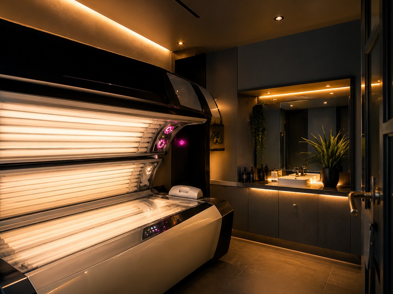Modern tanning studio sunbed with warm lighting