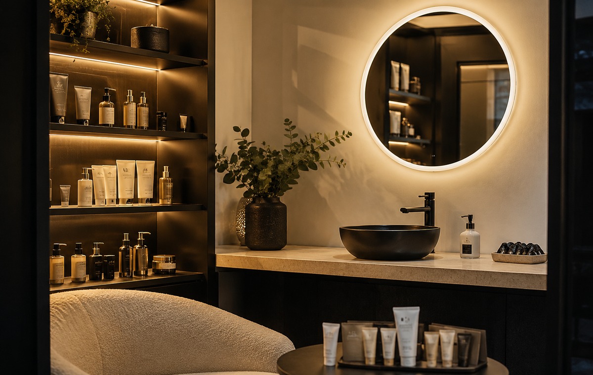 Clean professional tanning studio care area with warm lighting